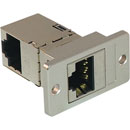 TUK PANEL MOUNT KEYSTONE RJ45 BACK-TO-BACK COUPLER Cat6, rear at 90 degrees, shielded metal body