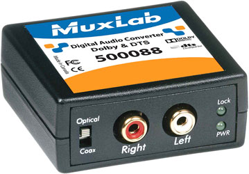 MUXLAB 500088 DIGITAL AUDIO CONVERTER Dolby 5.1/DTS, S/PDif RCA, Toslink in, 2x RCA analogue out