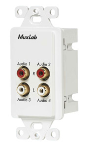 MUXLAB 500033-WP AUDIO BALUN Wallplate, 4-channel, 4x female RCA, 1-gang US, white