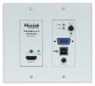 MUXLAB 500777 VIDEO EXTENDER Wallplate, transmitter, HDMI/VGA/USB, UHD-4K, 2-gang US, Decora, white