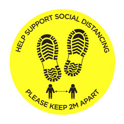 SOCIAL DISTANCING FLOOR STICKER Please keep 2 metres apart, footprint graphics, yellow