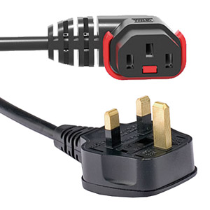 IEC-LOCK AC MAINS POWER CORDSET IEC-Lock horizontal right C13 female - UK 13A, 3 metre, black