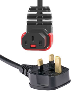 IEC-LOCK AC MAINS POWER CORDSET IEC-Lock vertical up C13 female - UK 13A, 3 metre, black