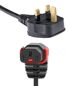 IEC-LOCK AC MAINS POWER CORDSET IEC-Lock vertical down C13 female - UK 13A, 3 metre, black