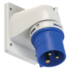 PCE 77713-6 SPLASHPROOF 16A PANEL MOUNTING APPLIANCE INLET, Angled, IP44, blue/grey
