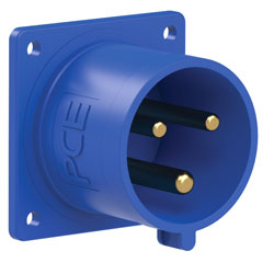 PCE 623-6 SPLASHPROOF 32A PANEL MOUNTING APPLIANCE INLET, Straight, IP44, blue/grey