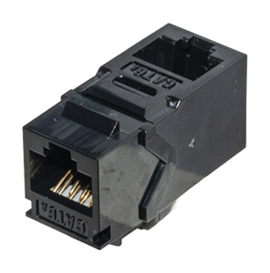 TUK KEYSTONE RJ45 BACK-TO-BACK COUPLER Cat6A, rear at 90 degrees to front, black