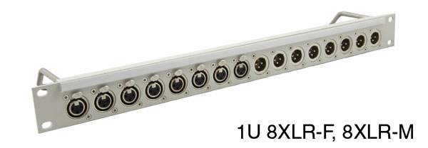 CANFORD CONNECT XLR TERMINATION PANEL 1U 1x8 Canford XLRF (left), 1x8 Canford XLRM (right), grey