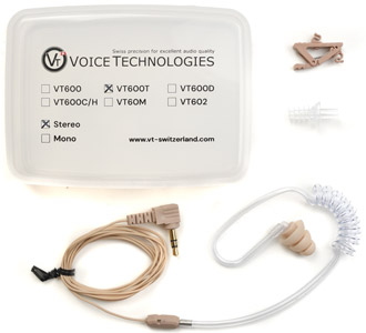 VOICE TECHNOLOGIES VT600T EARPHONE Coiled tube, stereo 3.5mm jack, beige