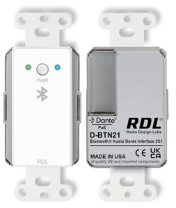 RDL D-BTN21 DANTE AUDIO INTERFACE Bi-directional, Bluetooth, Q-SYS plug-in, white