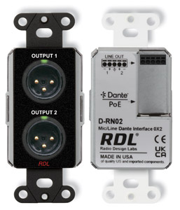 RDL DB-RN02 DANTE AUDIO INTERFACE Output, 2x XLR out, mic/line, black