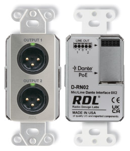RDL DS-RN02 DANTE AUDIO INTERFACE Output, 2x XLR out, mic/line, stainless steel