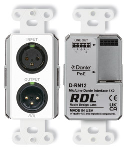 RDL D-RN12 DANTE AUDIO INTERFACE Bi-directional, 1x2, XLR in, XLR out, mic/line, white