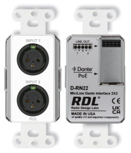 RDL D-RN22 DANTE AUDIO INTERFACE Bi-directional, 2x2, 2x XLR in, mic/line, white