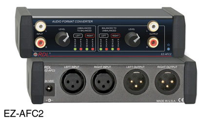 RDL EZ-AFC2 AUDIO FORMAT CONVERTER Bal/unbalanced, bi-directional, XLR/RCA (phono) I/O, AC adapter