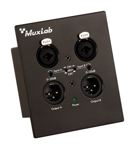 MUXLAB 500558 AUDIO CONVERTER Wallplate, 2-channel analogue to Dante, 2-gang US, black