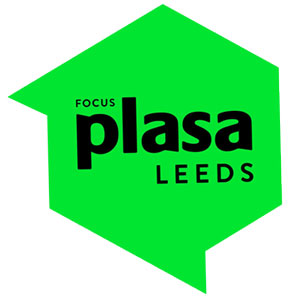 Bright green Plasa Focus Leeds logo