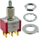 C&K 7211MDZBE TOGGLE SWITCH Recessed metal toggle, 2 pole, 3 position on/on/on, solder tabs